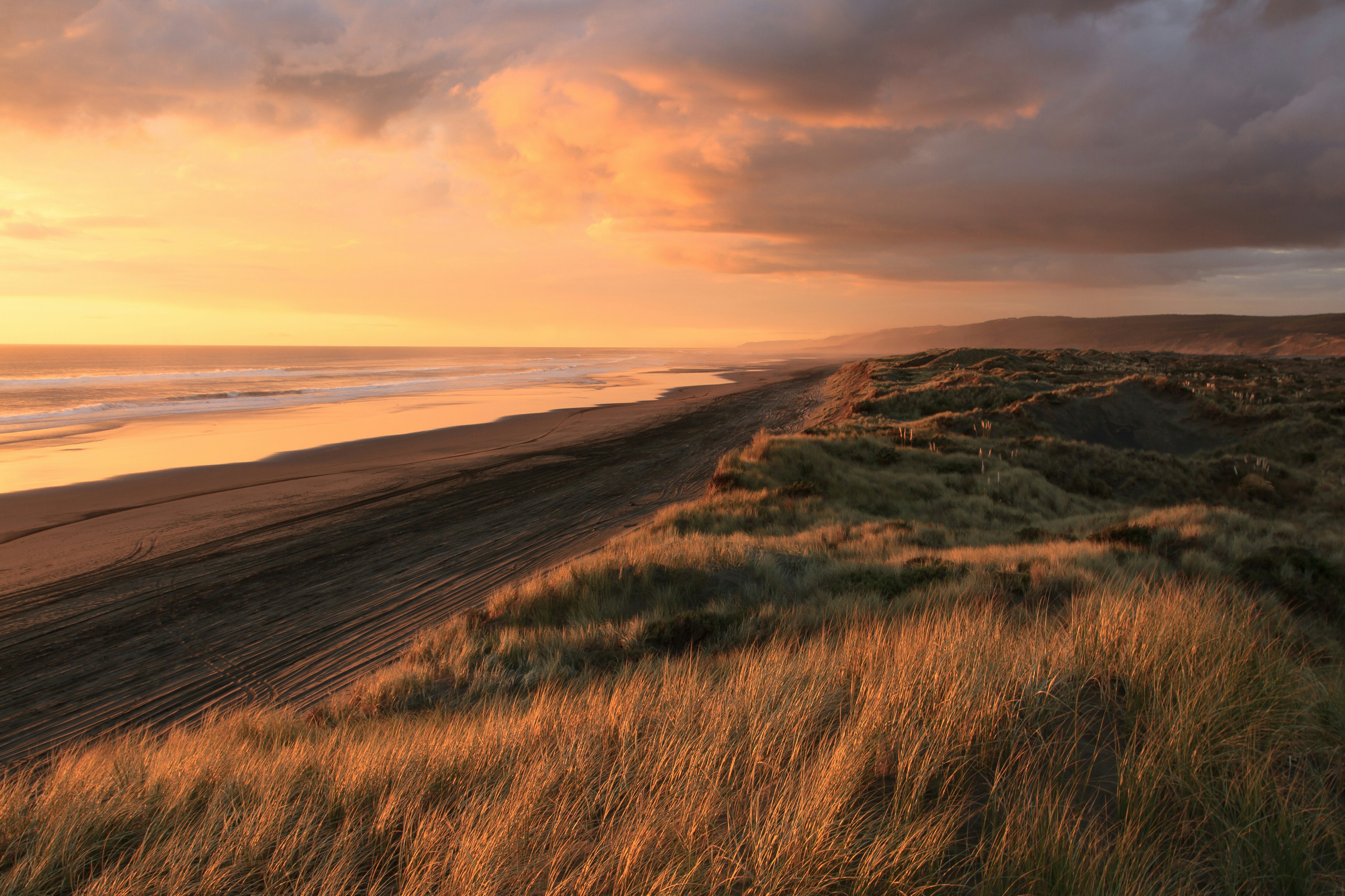 A beach at sunset